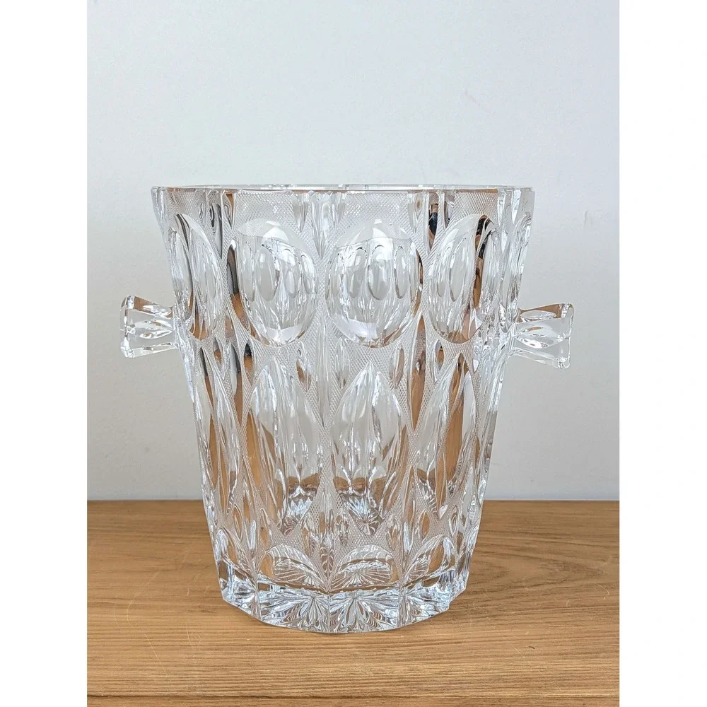 Vintage Heavy Lead Crystal Ice Bucket Diamond Thumbprint Cut Glass 9